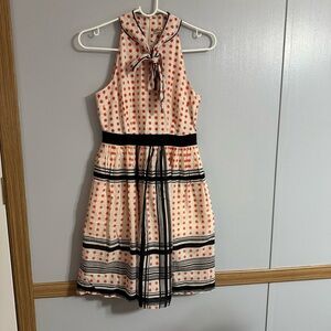 Maeve White and Orange Polkadot Halter Dress with Black Trim Size 0